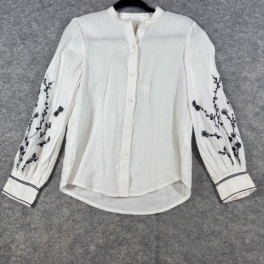 Club Monaco Linen Boho Blouse White XS Embroidered Sleeve Button Shirt Summer - Picture 2 of 16